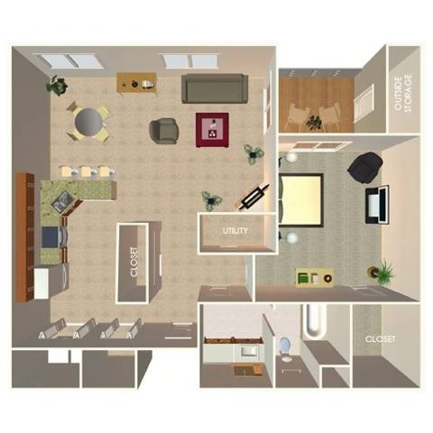 Floor plan for 1 bed, 1 bath, 1035 sqft