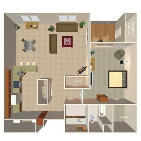 Floor plan for 1 bed, 1 bath, 1106 sqft