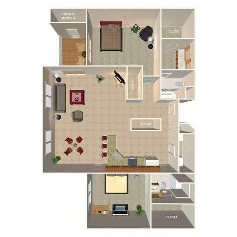 Floor plan for 2 beds, 2 baths, 1464 sqft