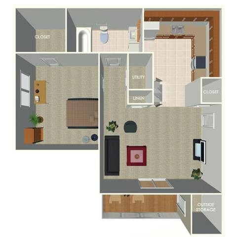 Floor plan for 1 bed, 1 bath, 600 sqft