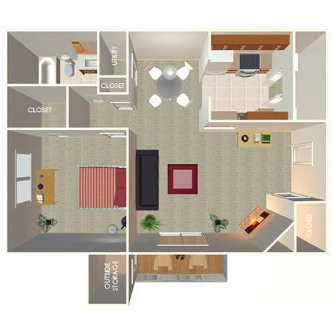 Floor plan for 1 bed, 1 bath, 775 sqft