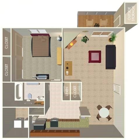 Floor plan for 1 bed, 1 bath, 850 sqft