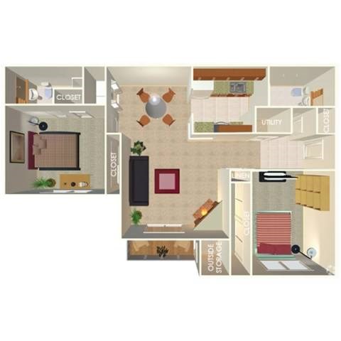 Floor plan for 2 beds, 2 baths, 1100 sqft