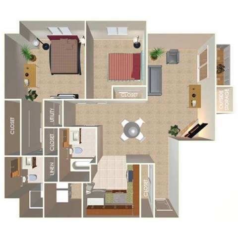Floor plan for 2 beds, 2 baths, 1125 sqft