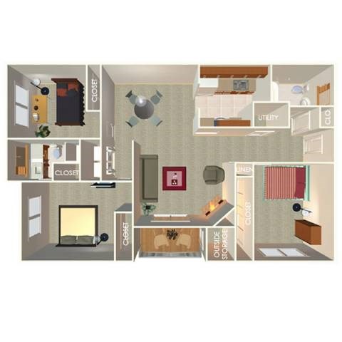 Floor plan for 3 beds, 2 baths, 1250 sqft