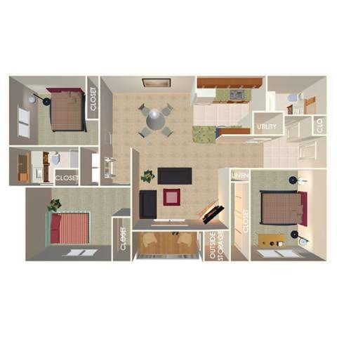 Floor plan for 3 beds, 2 baths, 1295 sqft