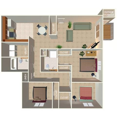 Floor plan for 3 beds, 2 baths, 1375 sqft