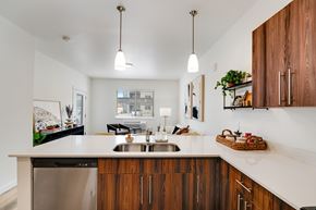 Great Falls apartment for rent - A modern kitchen with wooden cabinets and a stainless steel dishwasher.
