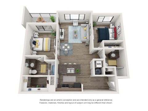 Floor plan for 2 beds, 2 baths, 1042 sqft