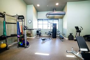 Great Falls apartment for rent - A gym with a variety of equipment including a squat rack, bench, and weights.