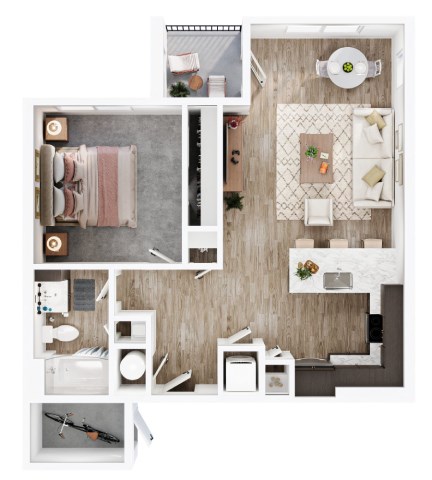 Floor plan for 1 bed, 1 bath, 735 sqft
