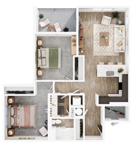 Floor plan for 2 beds, 1 bath, 983 sqft