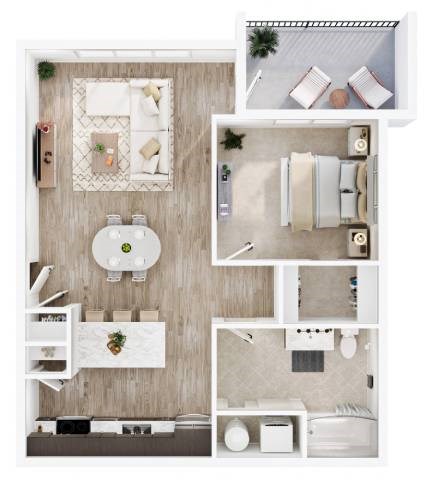 Floor plan for 1 bed, 1 bath, 768 sqft