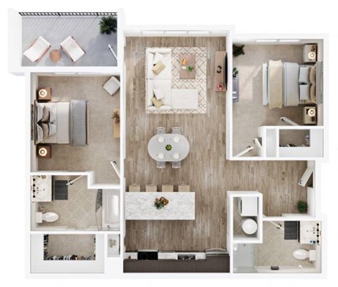 Floor plan for 2 beds, 2 baths, 1042 sqft