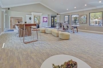 College Station apartment for rent - A living room with a couch, chairs, and a table with a vase of flowers on it.