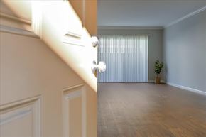 San Mateo apartment for rent - A room with a window covered by white blinds and a potted plant.