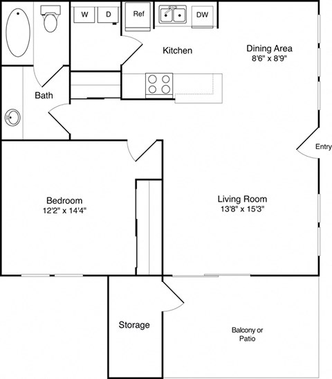 Floor plan for 1 bed, 1 bath, 750 sqft