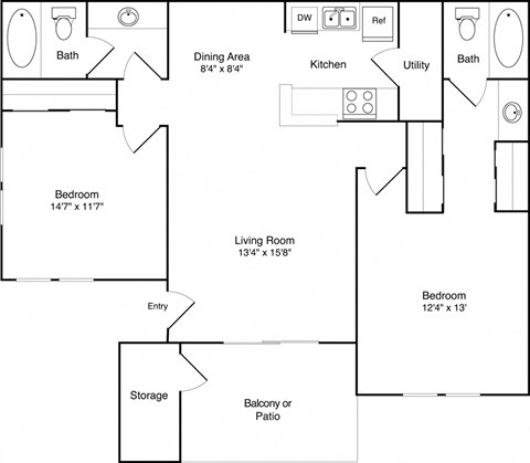 Floor plan for 2 beds, 2 baths, 980 sqft