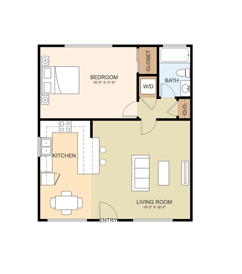 Floor plan for 1 bed, 1 bath, 700 sqft