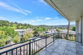 San Mateo apartment for rent - A balcony overlooks a residential area with houses and trees.