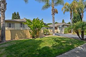 Menlo Park apartment for rent - A house with a green lawn and palm trees in front.