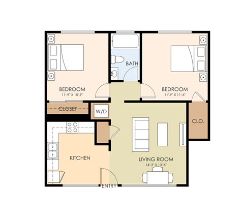 Floor plan for 2 beds, 1 bath, 836 sqft