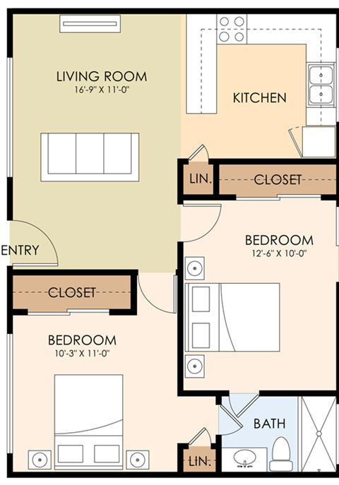 Floor plan for 2 beds, 1 bath, 650 sqft