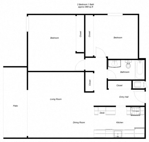 Floor plan for 2 beds, 1 bath
