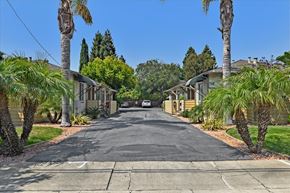 Menlo Park apartment for rent - A residential street lined with palm trees and houses.