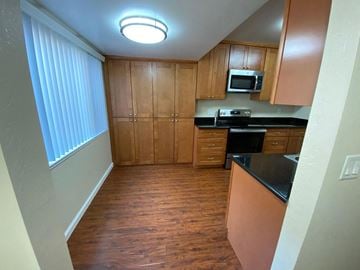 Belmont apartment for rent - A kitchen with wooden cabinets and black countertops.