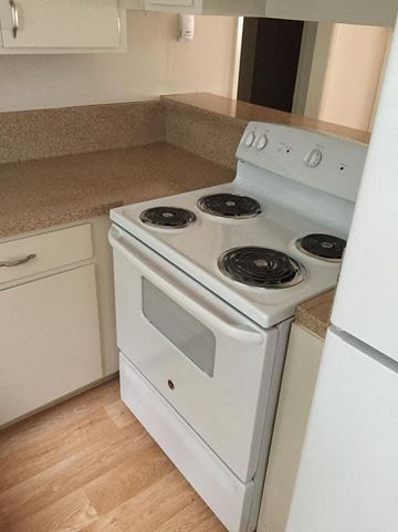 Mountain View apartment for rent - A white stove with four burners is in a kitchen.