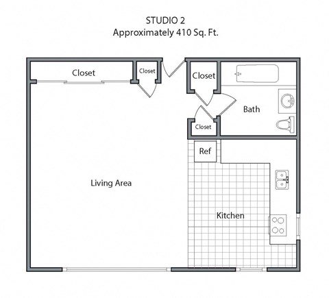 Floor plan for studio, 1 bath, 600 sqft