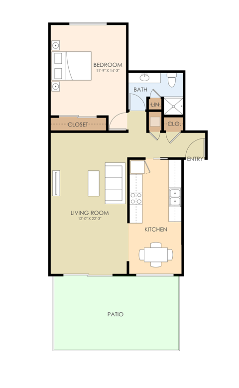 Floor plan for 1 bed, 1 bath, 807 sqft