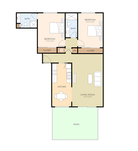 Floor plan for 2 beds, 2 baths, 1255 sqft