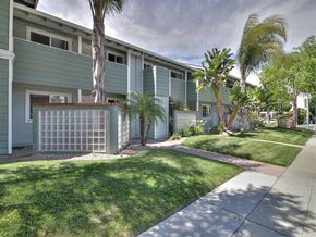 Sunnyvale apartment for rent - A row of green apartment buildings with a white fence and a tree in front.