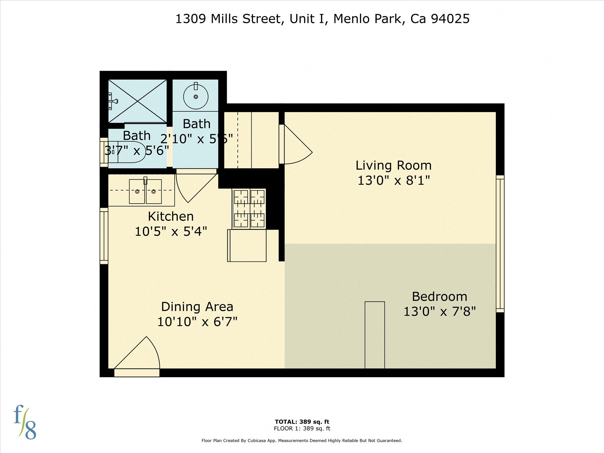 Floor plan for studio, 1 bath, 389 sqft
