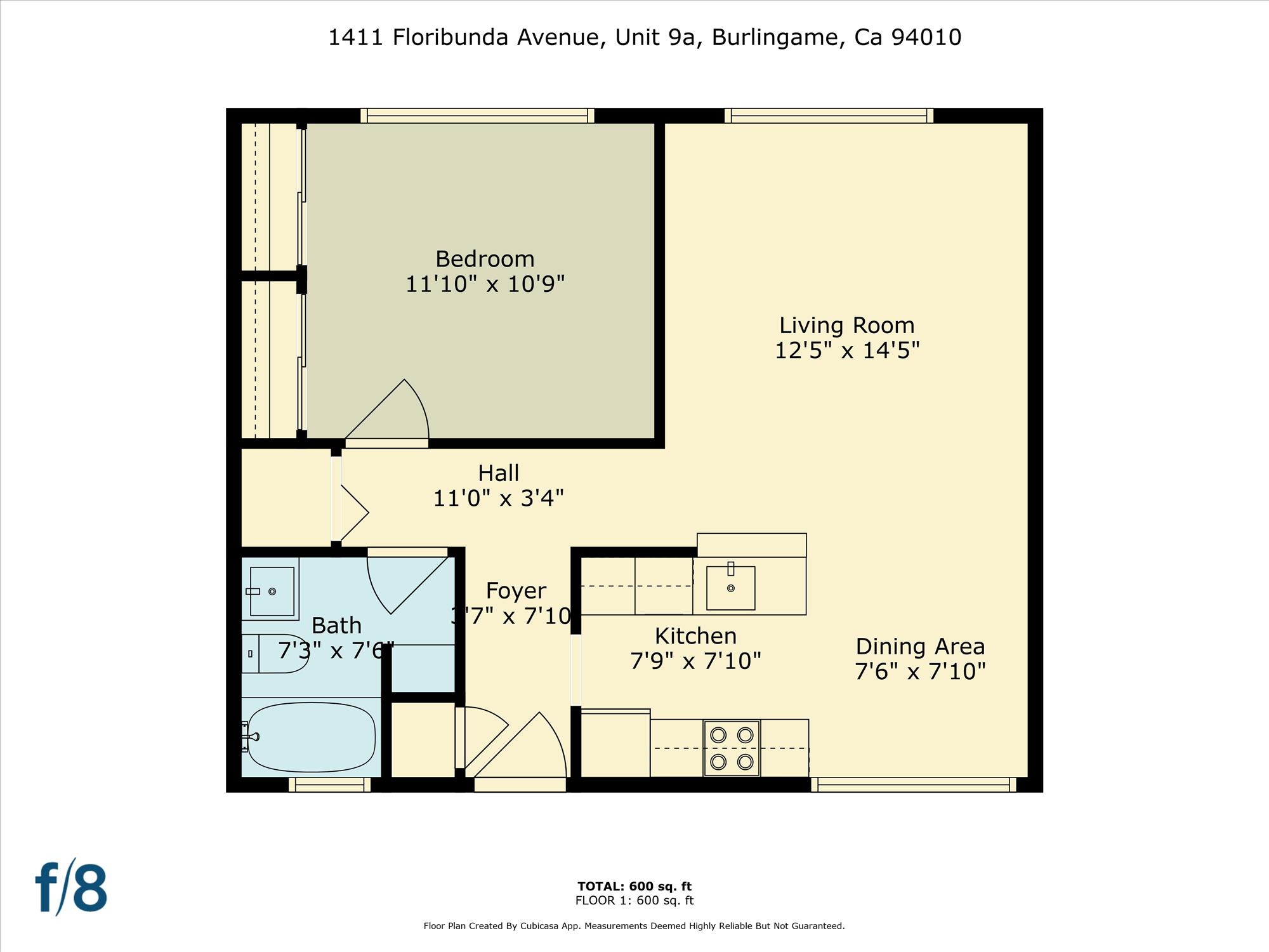 Floor plan for 1 bed, 1 bath, 906 sqft