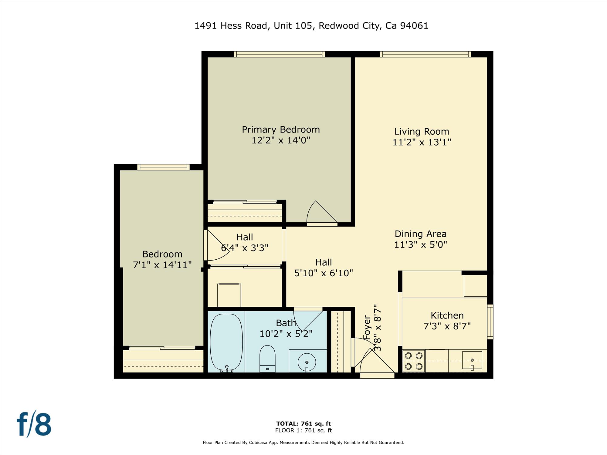 Floor plan for 2 beds, 1 bath, 761 sqft