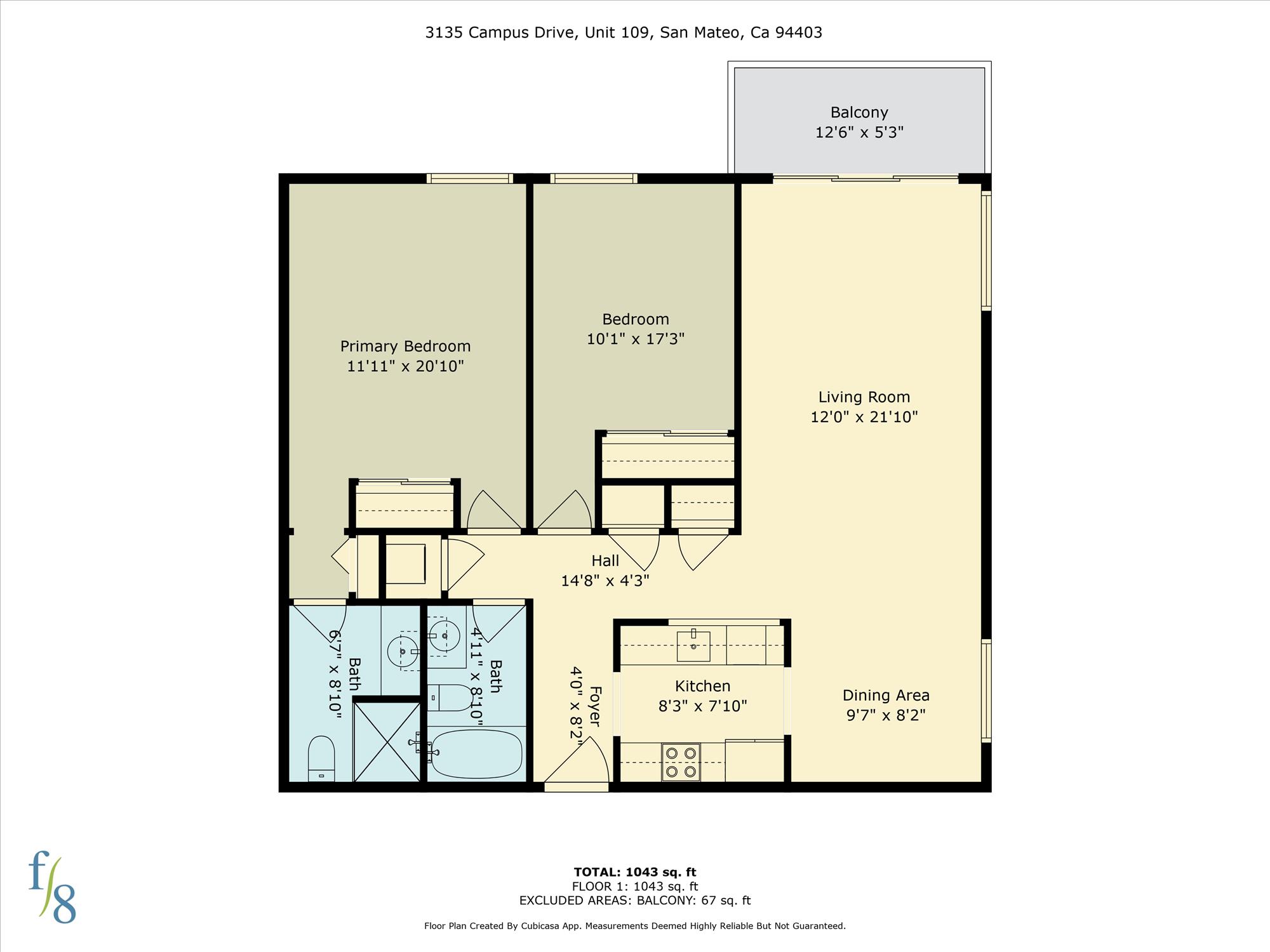 Floor plan for 2 beds, 2 baths, 1077 sqft