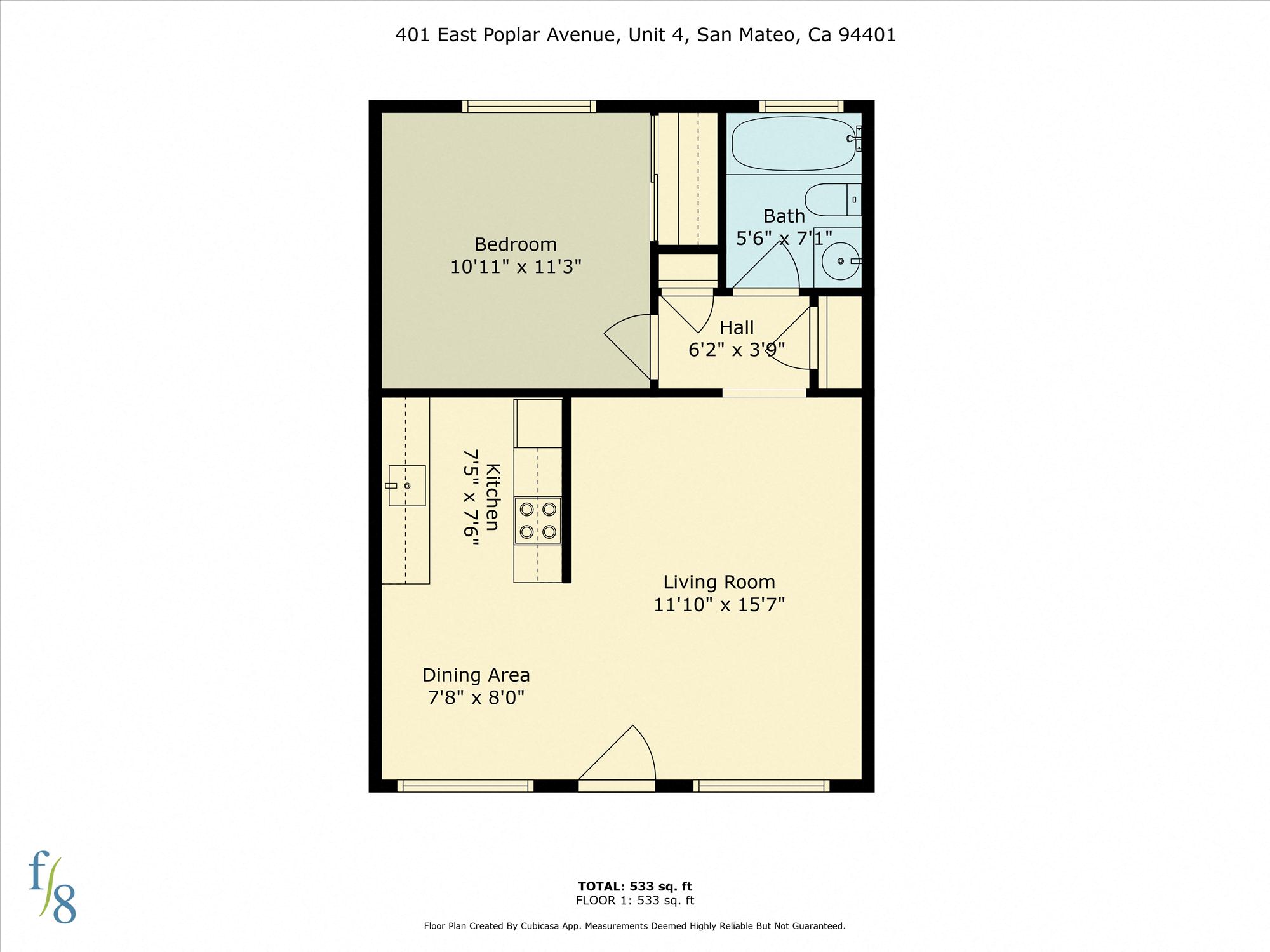 Floor plan for 1 bed, 1 bath, 533 sqft
