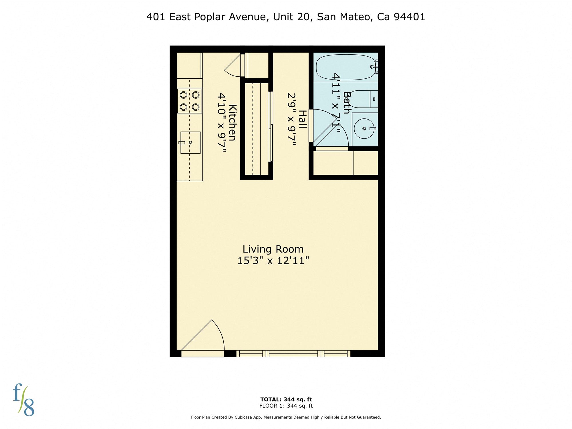 Floor plan for studio, 1 bath, 344 sqft