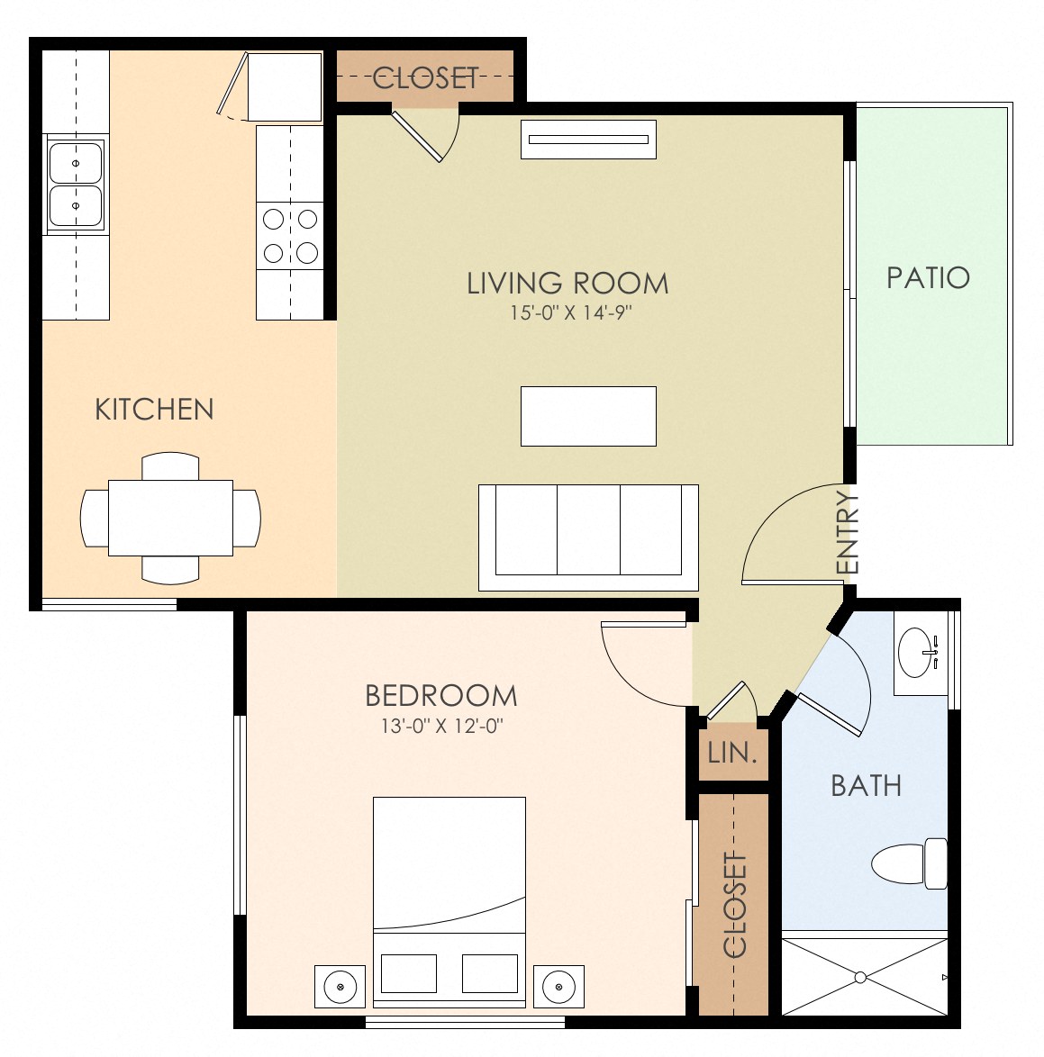 Floor plan for 1 bed, 1 bath, 632 sqft