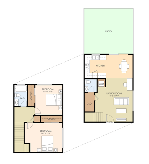 Floor plan for 2 beds, 1.5 baths, 1000 sqft