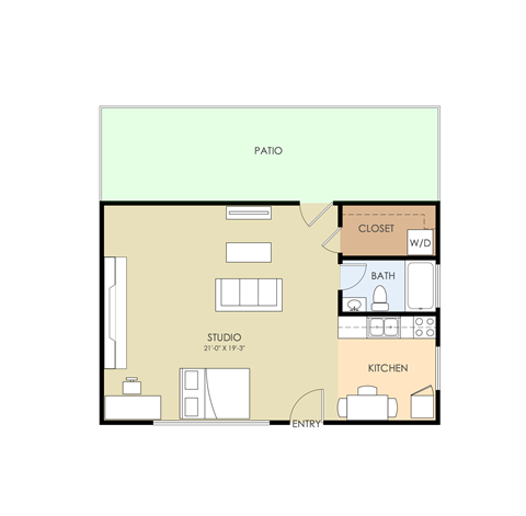 Floor plan for studio, 1 bath, 600 sqft