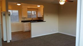 Santa Clara apartment for rent - A kitchen area with a sink, countertop, and cabinets.
