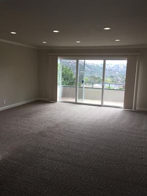 San Mateo apartment for rent - A large empty room with carpeted floor and a view of trees outside through the sliding glass doors.