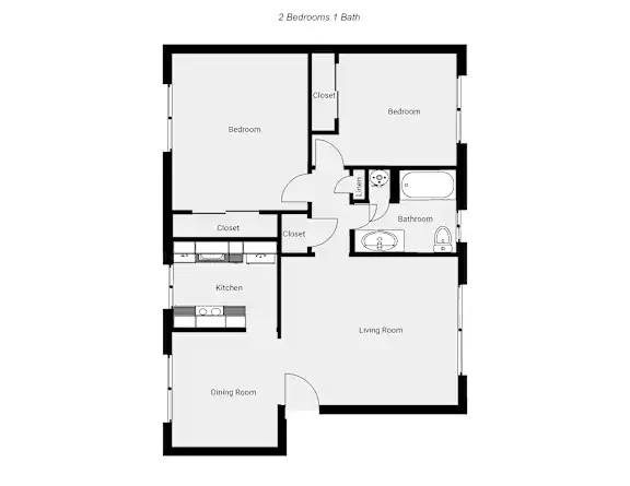 Floor plan for 2 beds, 1 bath