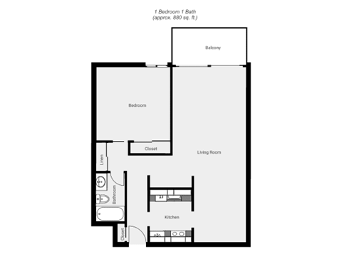 Floor plan for 1 bed, 1 bath