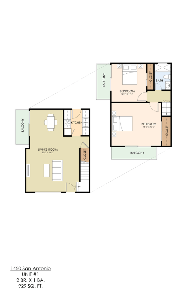 Floor plan for 2 beds, 1 bath, 900 sqft
