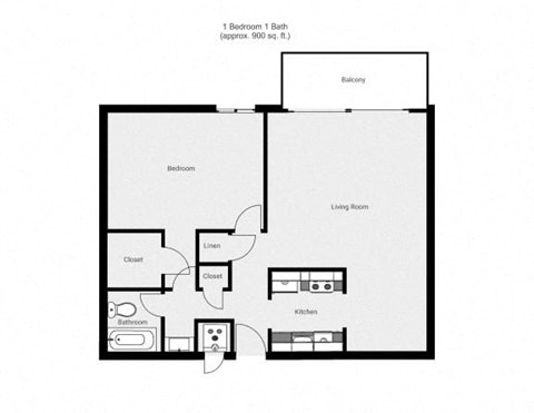Floor plan for 1 bed, 1 bath, 900 sqft